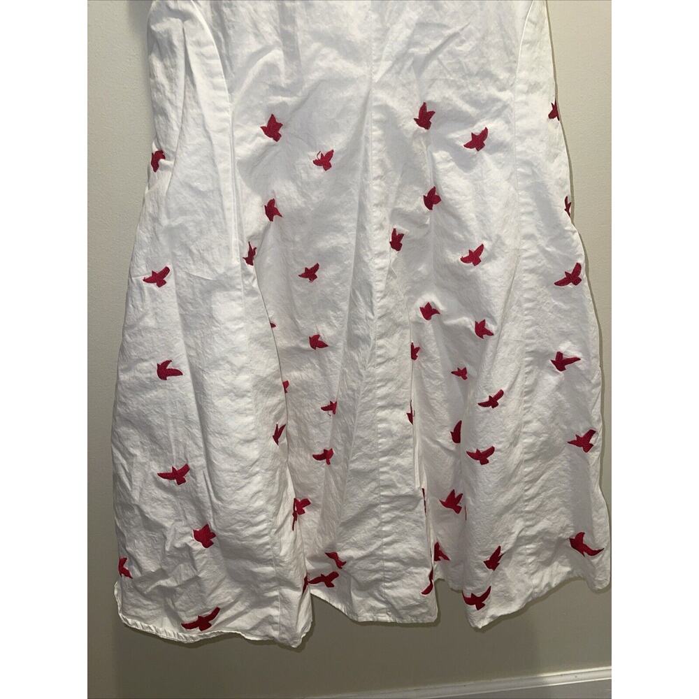 Eshakti Size L 14 Red White Stripe Bird Dress Full Flare Skirt Sleeveless Pocket - Picture 6 of 15